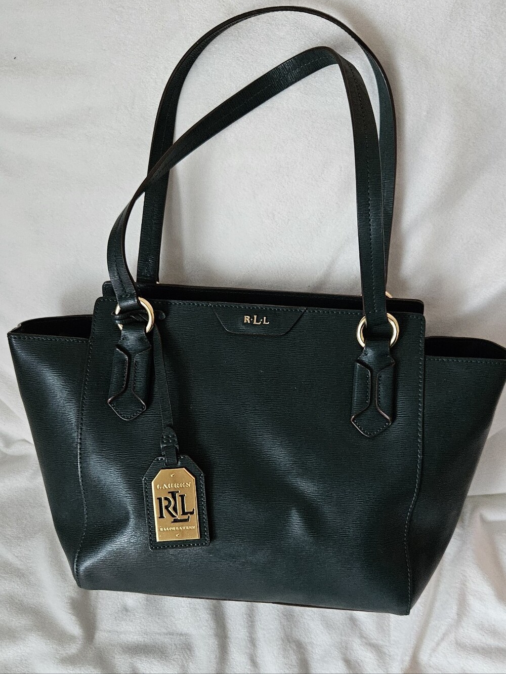 Ralph Lauren RLL Dark Green Leather Tote Bag w/Gold Hardware-RLL Monogram Logo